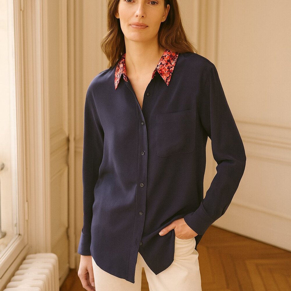 Equipment Navy Silk‎ Blouse Floral Contrast Collar